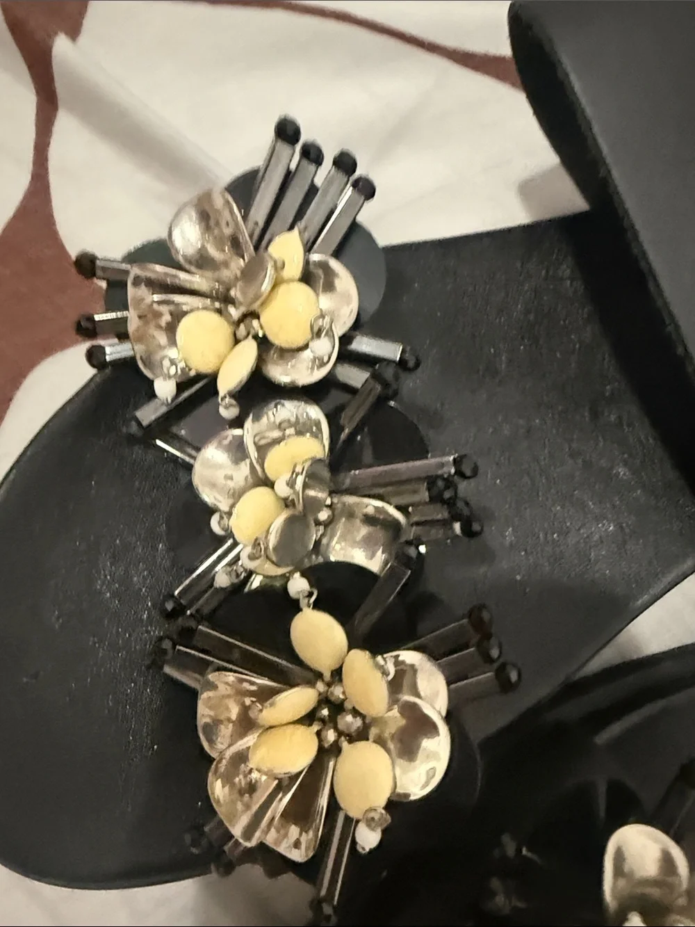 French Connection Black Slide Sandals with Yellow Floral Bead Accents